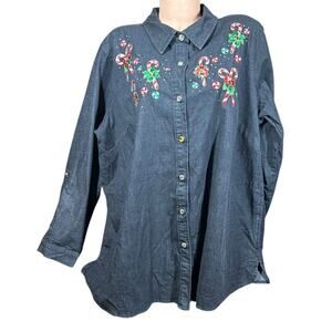 Quacker Factory Denim Roll Tab Sleeve Embroidered Candy Cane Shirt Shacket 2X